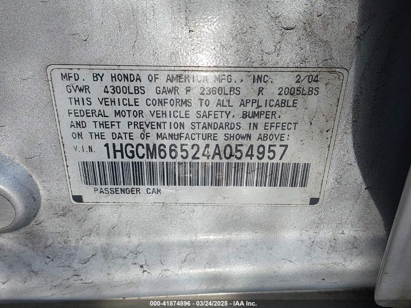 2004 Honda Accord 3.0 Ex VIN: 1HGCM66524A054957 Lot: 41874896