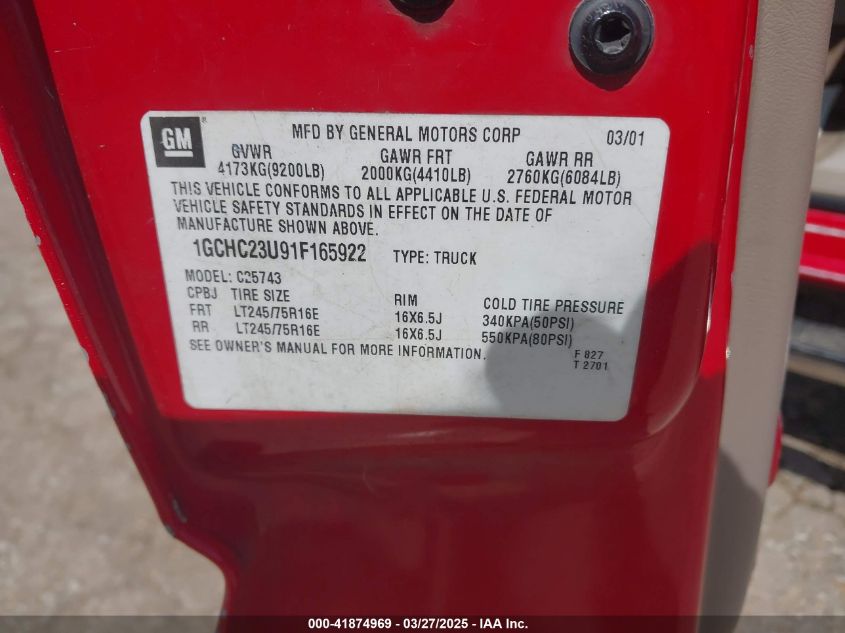 2001 Chevrolet Silverado 2500Hd Ls VIN: 1GCHC23U91F165922 Lot: 41874969