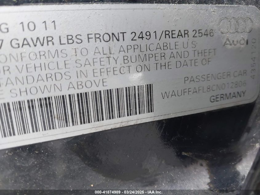 2012 Audi A4 2.0T Premium VIN: WAUFFAFL8CN012806 Lot: 41874989