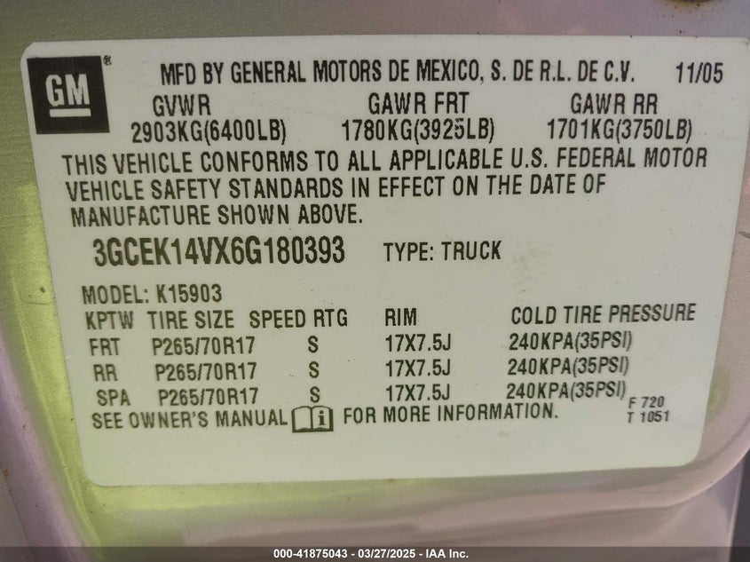 2006 CHEVROLET SILVERADO 1500 VIN: 3GCEK14VX6G180393