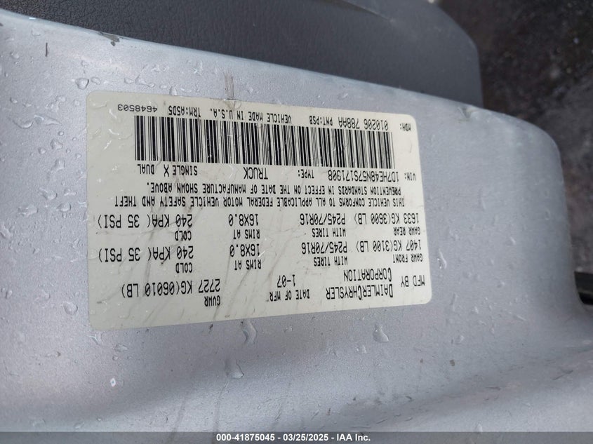 2007 DODGE DAKOTA VIN: 1D7HE48N57S171908