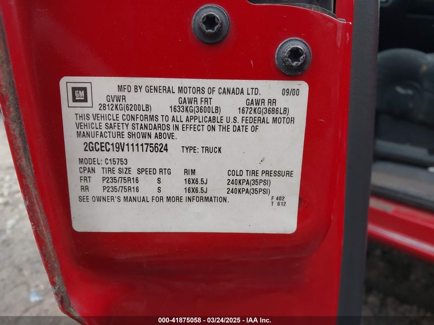 2001 Chevrolet Silverado 1500 Ls VIN: 2GCEC19V111175624 Lot: 41875058