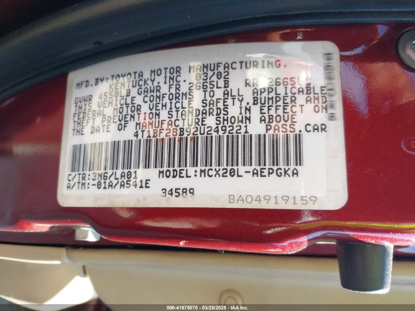 2002 Toyota Avalon Xls VIN: 4T1BF28B92U249221 Lot: 41875070