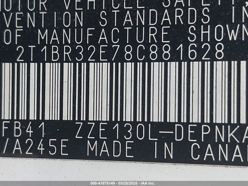 2008 Toyota Corolla Le VIN: 2T1BR32E78C881628 Lot: 41875149