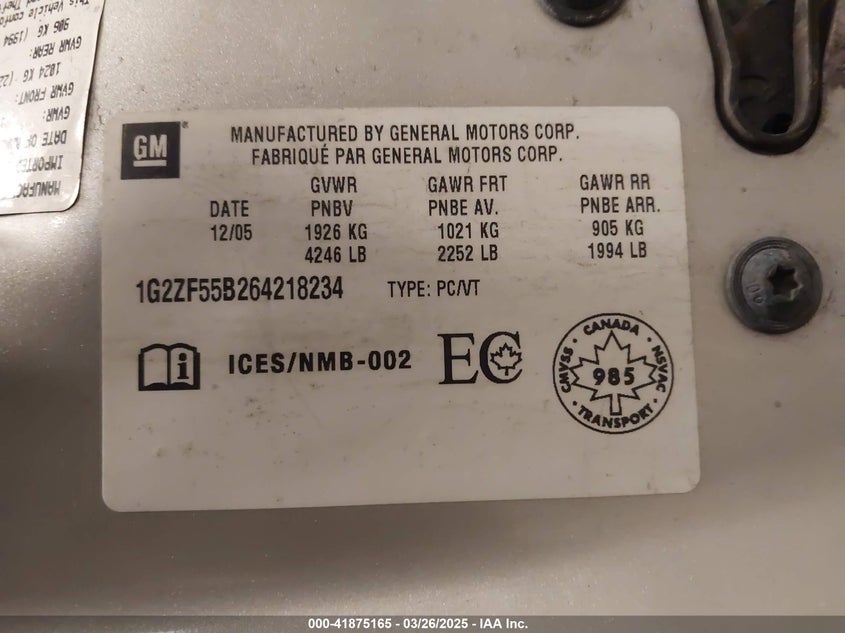 2006 PONTIAC G6 VIN: 1G2ZF55B264218234