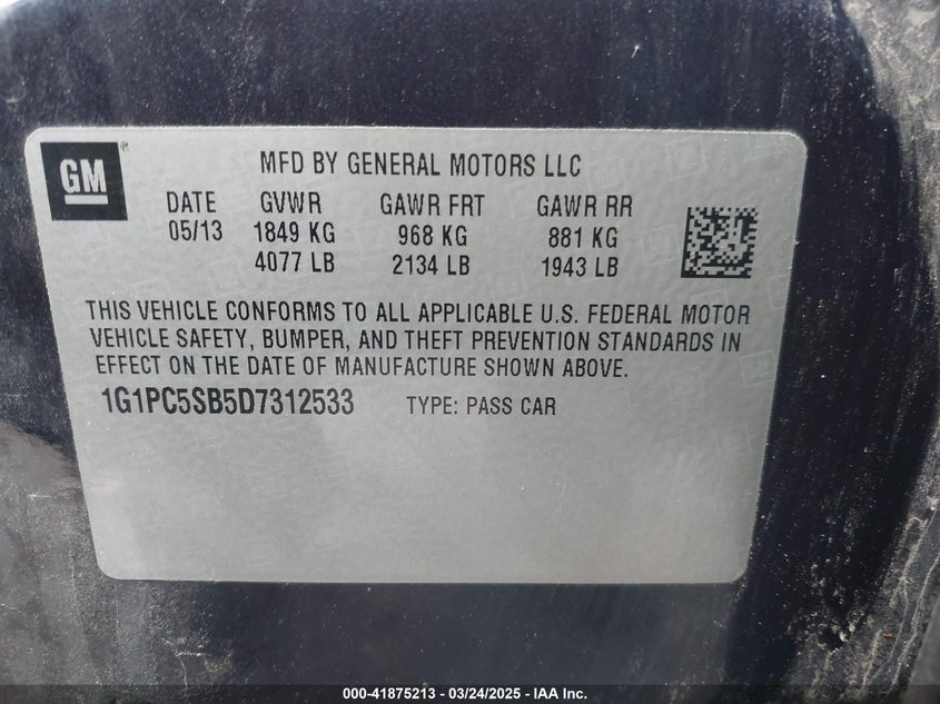 2013 CHEVROLET CRUZE VIN: 1G1PC5SB5D7312533