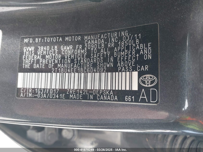 2011 TOYOTA COROLLA VIN: 2T1BU4EE1BC604092
