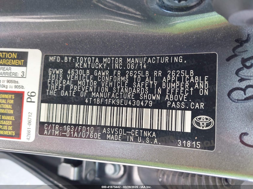 2014 TOYOTA CAMRY VIN: 4T1BF1FK9EU430479