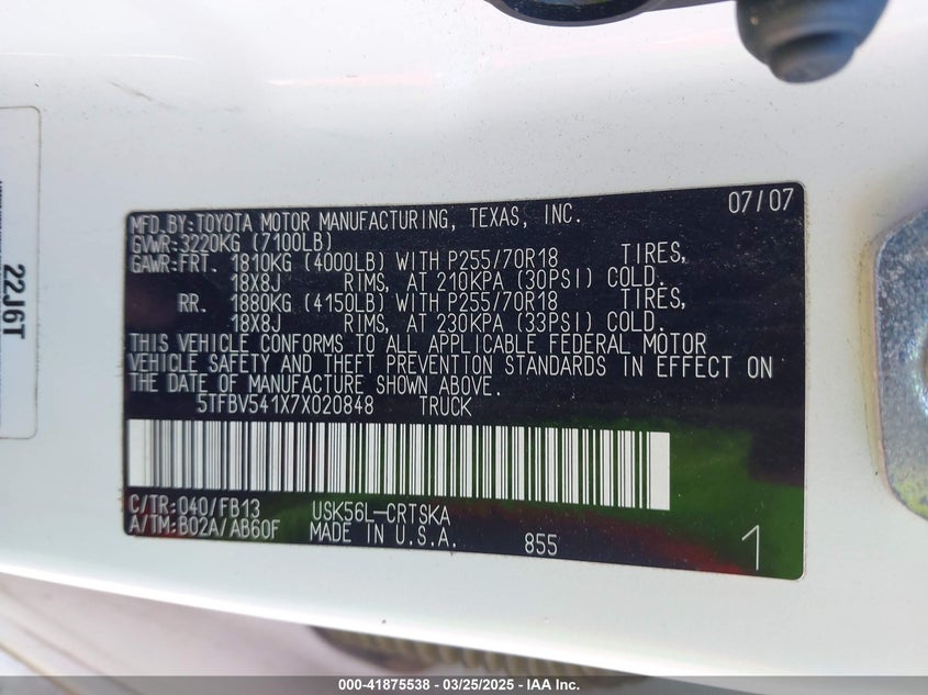 2007 TOYOTA TUNDRA VIN: 5TFBV541X7X020848