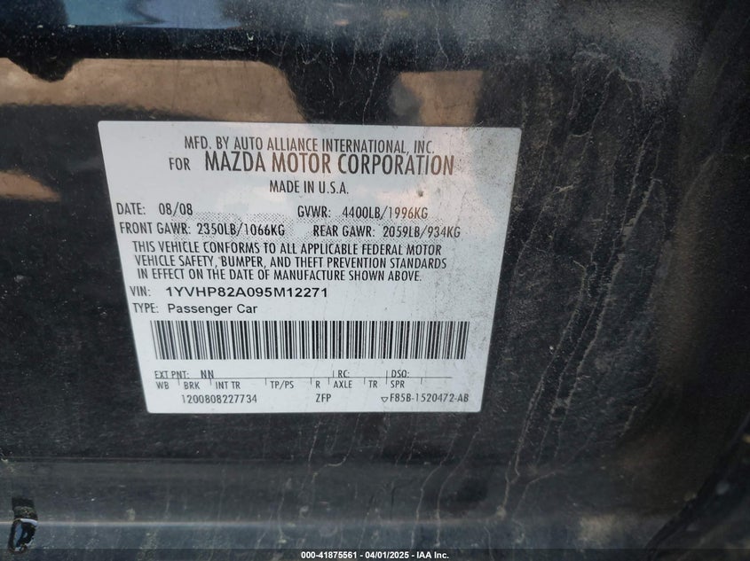 2009 MAZDA 6 VIN: 1YVHP82A095M12271