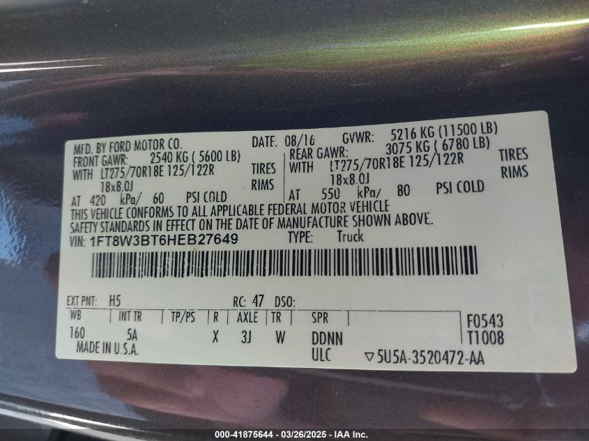 2017 Ford F-350 Lariat VIN: 1FT8W3BT6HEB27649 Lot: 41875644