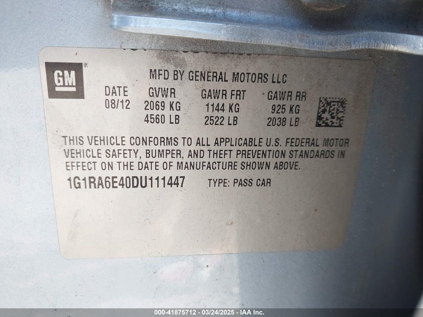 2013 Chevrolet Volt VIN: 1G1RA6E40DU111447 Lot: 41875712