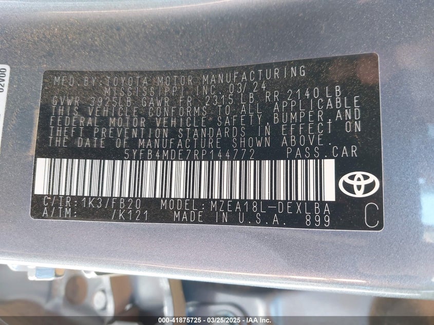 2024 TOYOTA COROLLA VIN: 5YFB4MDE7RP144772