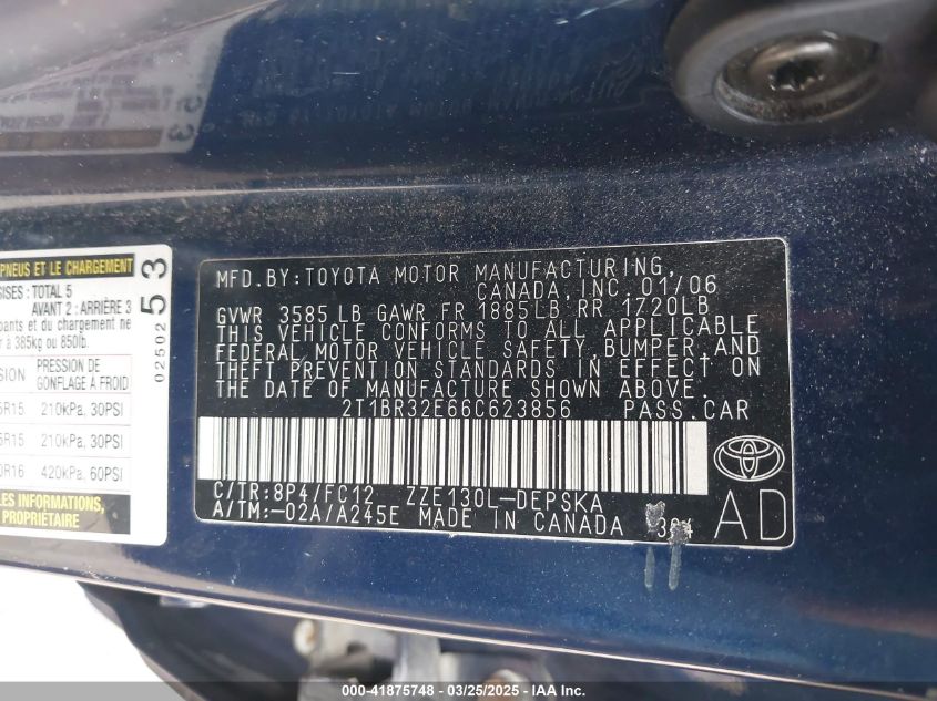 2006 Toyota Corolla S VIN: 2T1BR32E66C623856 Lot: 41875748