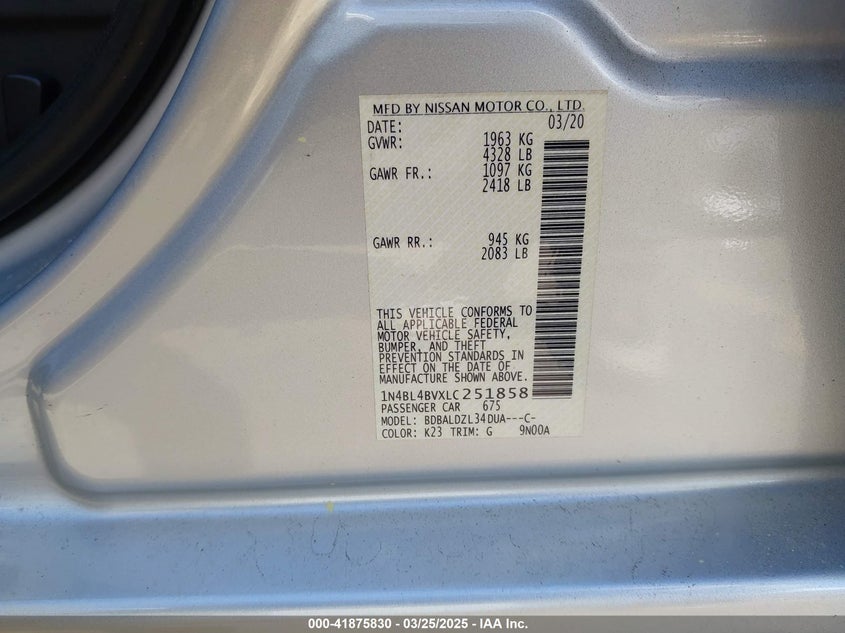 2020 NISSAN ALTIMA VIN: 1N4BL4BVXLC251858