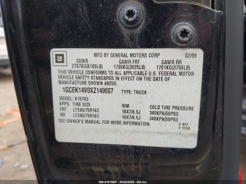 1999 Chevrolet Silverado 1500 Ls VIN: 1GCEK14V0XZ149607 Lot: 41875897