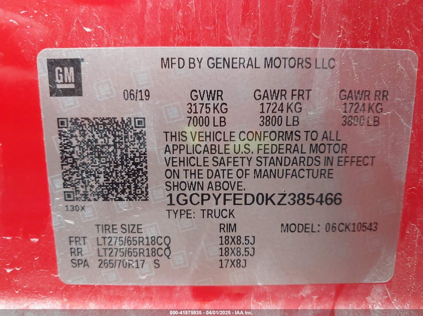 2019 CHEVROLET SILVERADO 1500 VIN: 1GCPYFED0KZ385466