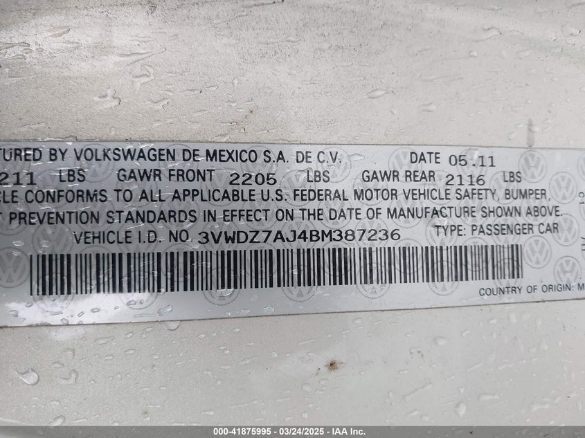 2011 VOLKSWAGEN JETTA VIN: 3VWDZ7AJ4BM387236