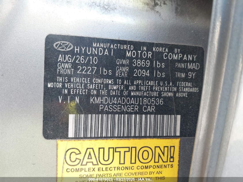 2010 Hyundai Elantra Gls VIN: KMHDU4AD0AU180536 Lot: 41876023