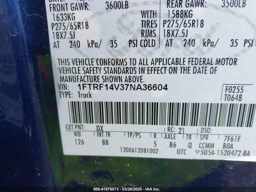 2007 FORD F-150 VIN: 1FTRF14V37NA36604