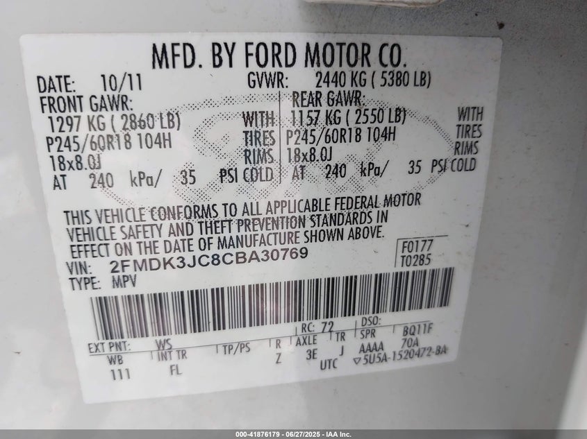 2012 Ford Edge Sel VIN: 2FMDK3JC8CBA30769 Lot: 41876179