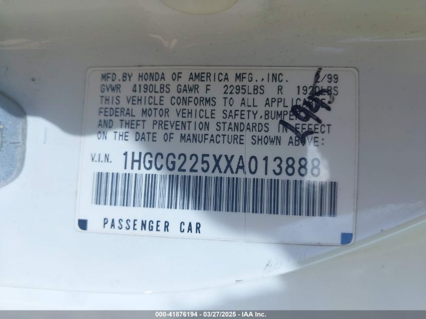 1999 Honda Accord Ex VIN: 1HGCG225XXAO13888 Lot: 41876194