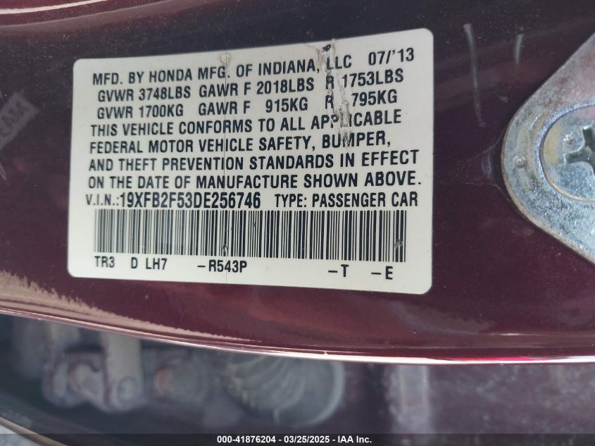 2013 Honda Civic Lx VIN: 19XFB2F53DE256746 Lot: 41876204