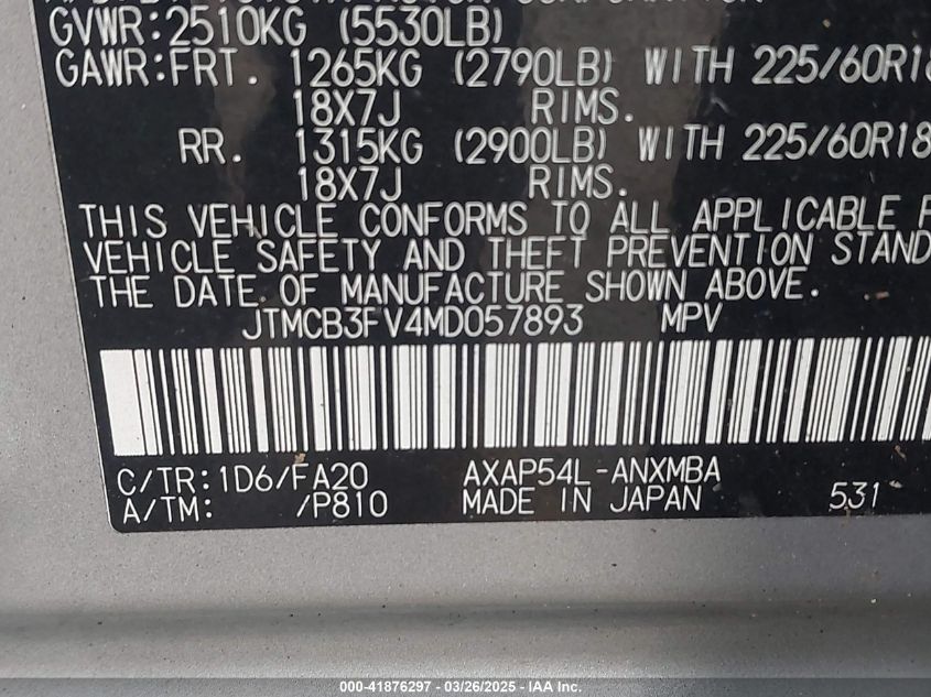 2021 Toyota Rav4 Prime Se VIN: JTMCB3FV4MD057893 Lot: 41876297