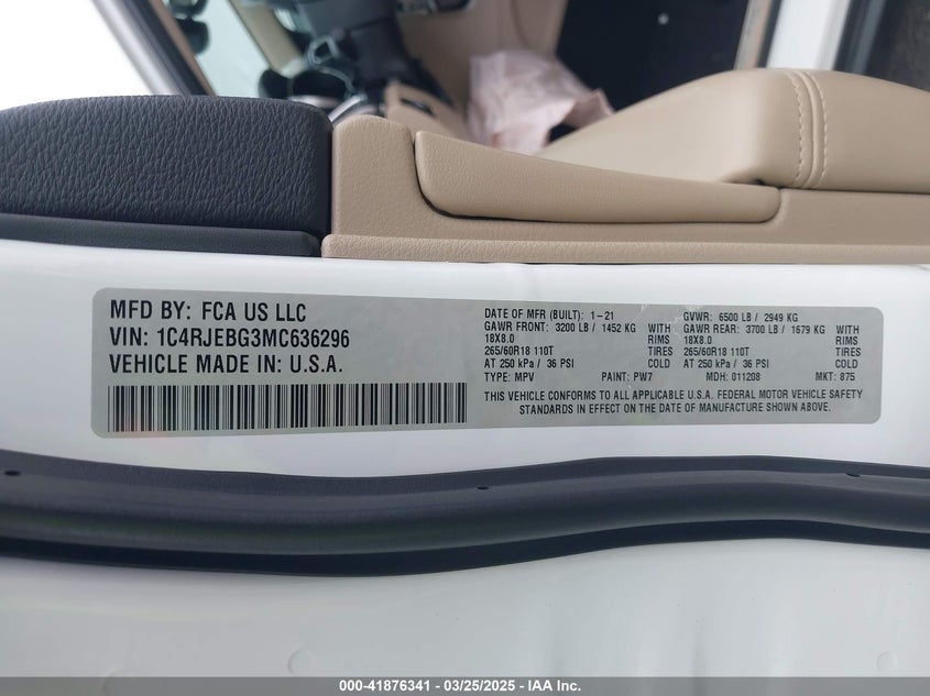 2021 JEEP GRAND CHEROKEE VIN: 1C4RJEBG3MC636296