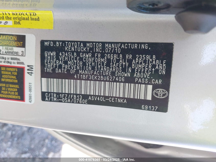 2011 TOYOTA CAMRY VIN: 4T1BF3EK2BU627406