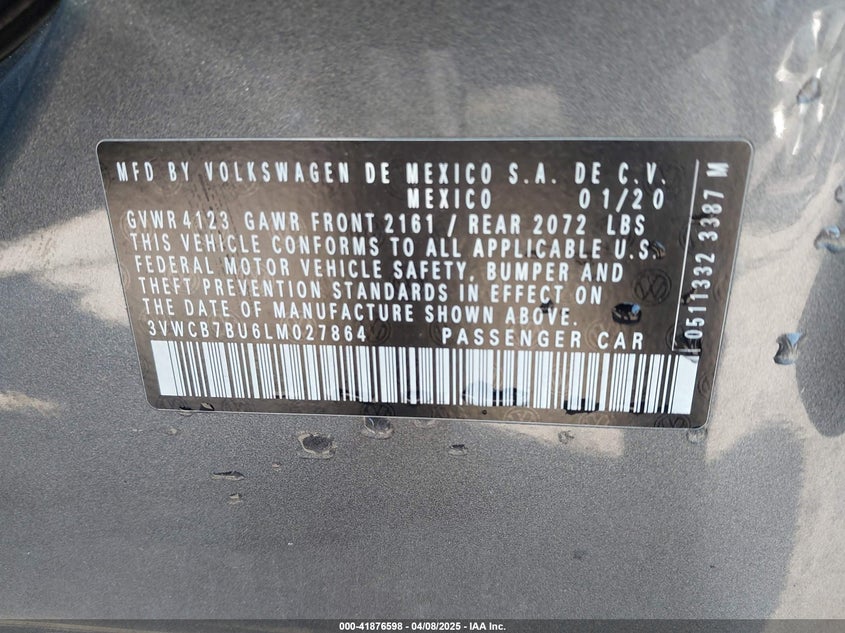 2020 VOLKSWAGEN JETTA VIN: 3VWCB7BU6LM027864