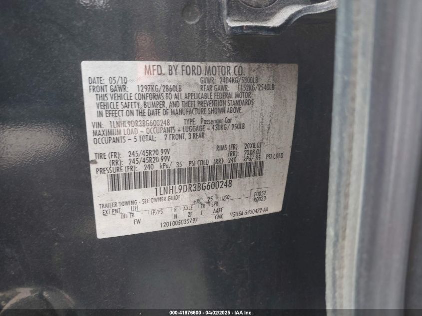 2011 Lincoln Mks VIN: 1LNHL9DR3BG600248 Lot: 41876600