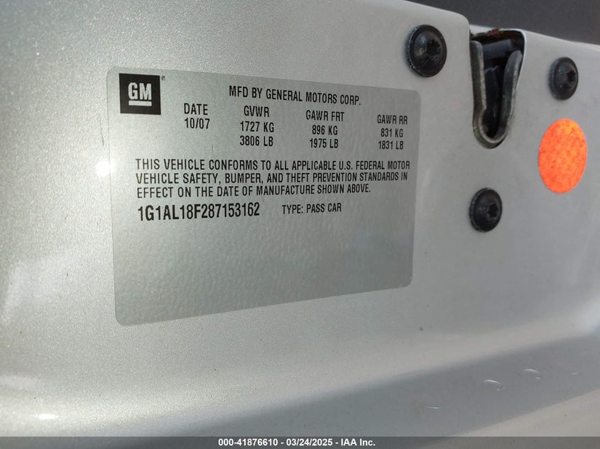 2008 CHEVROLET COBALT VIN: 1G1AL18F287153162