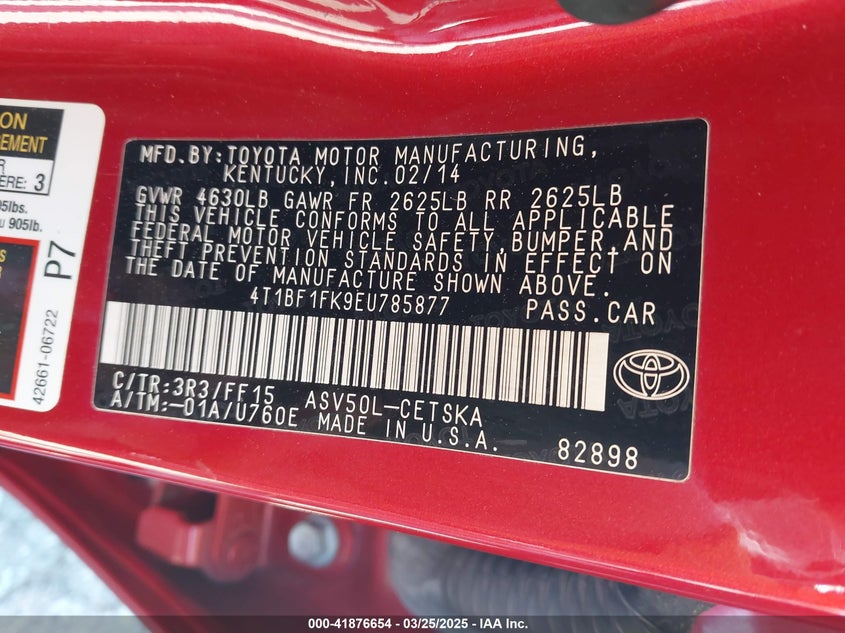 2014 TOYOTA CAMRY VIN: 4T1BF1FK9EU785877