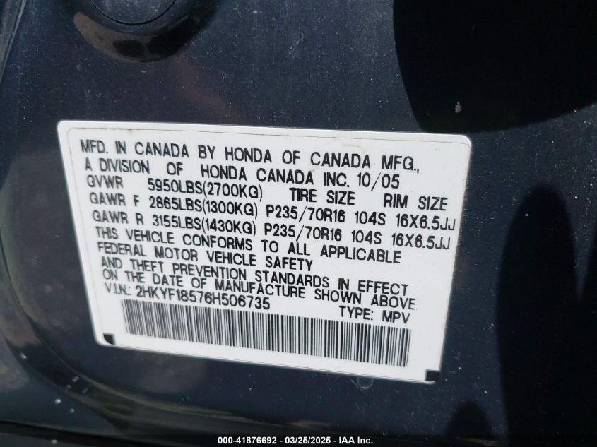 2006 Honda Pilot Ex-L VIN: 2HKYF18576H506735 Lot: 41876692