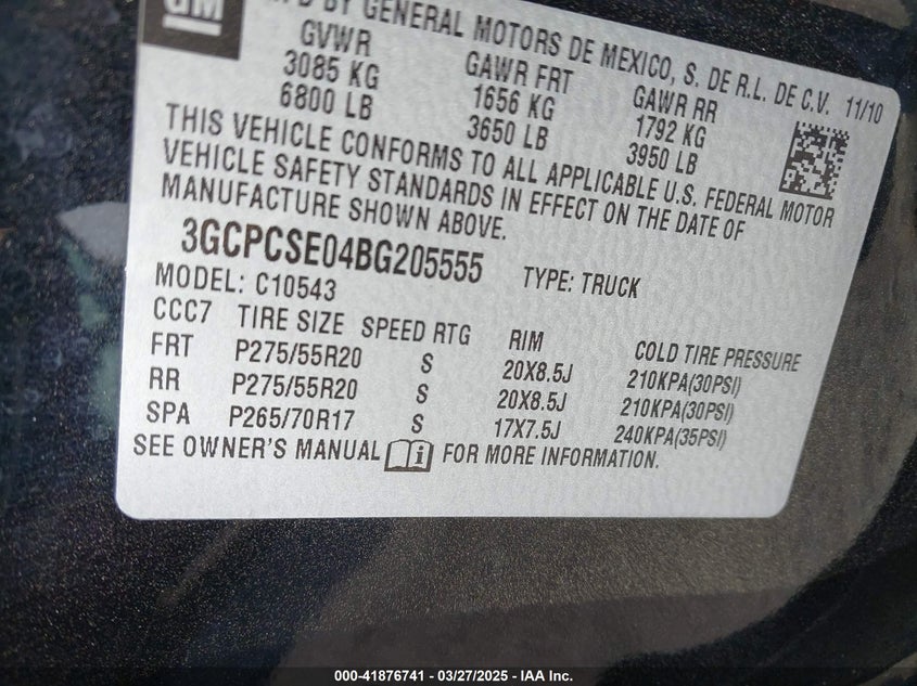 2011 CHEVROLET SILVERADO VIN: 3GCPCSE04BG205555