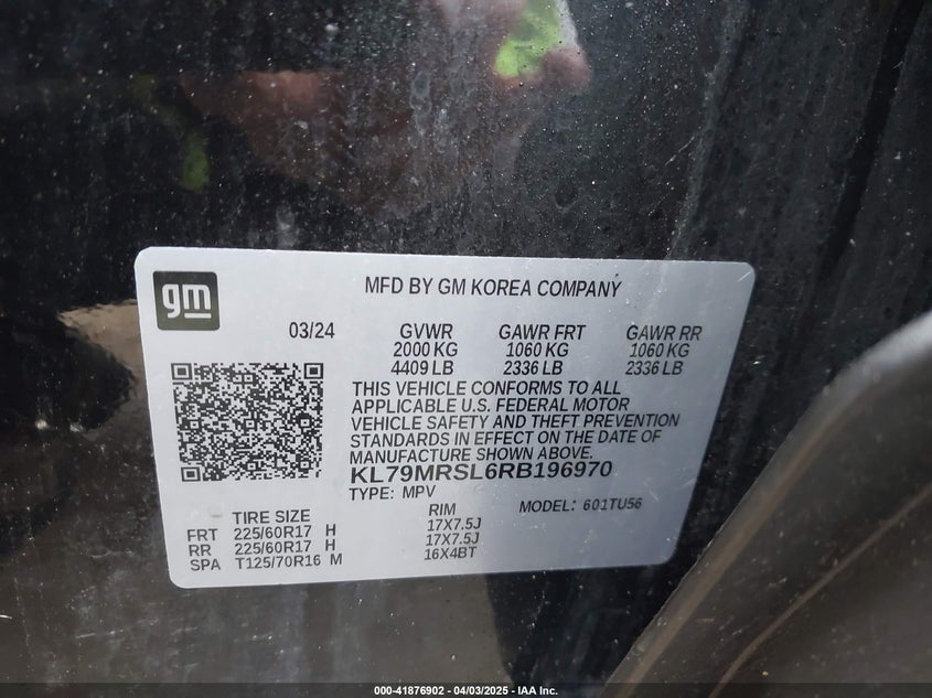 2024 CHEVROLET TRAILBLAZER VIN: KL79MRSL6RB196970