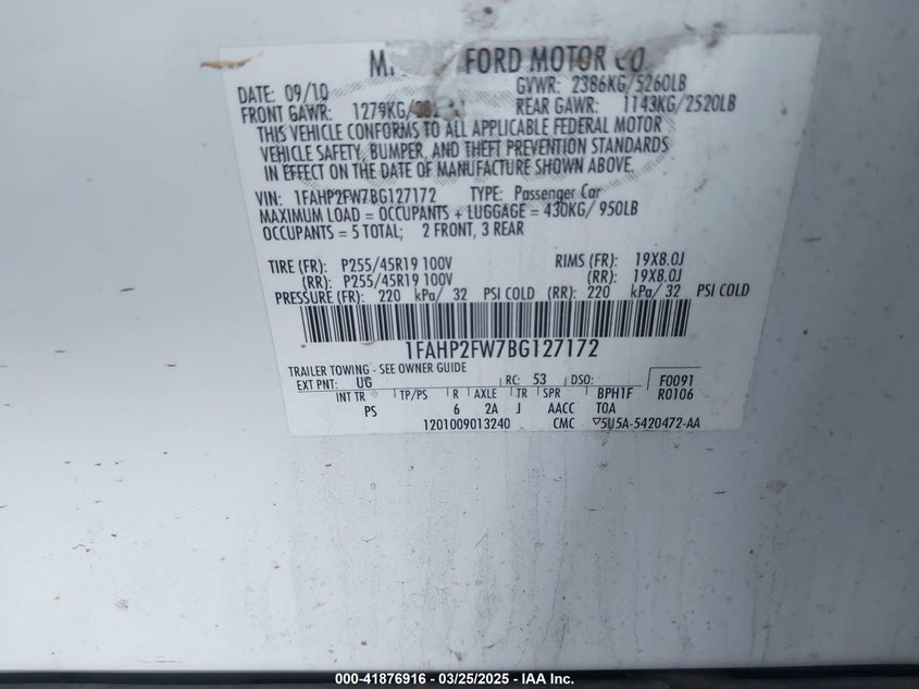2011 FORD TAURUS VIN: 1FAHP2FW7BG127172
