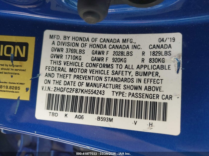 2019 HONDA CIVIC VIN: 2HGFC2F87KH554243