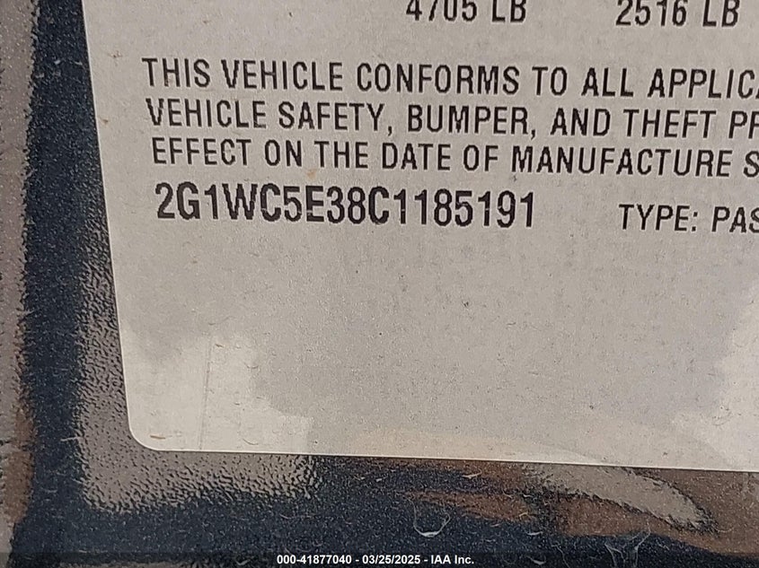 2012 CHEVROLET IMPALA VIN: 2G1WC5E38C1185191