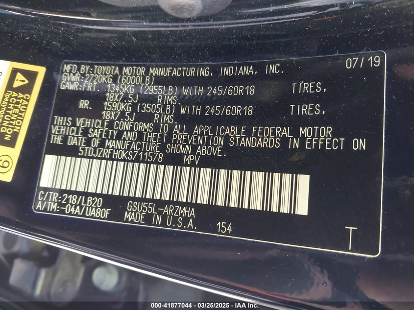 2019 TOYOTA HIGHLANDER VIN: 5TDJZRFH0KS711578