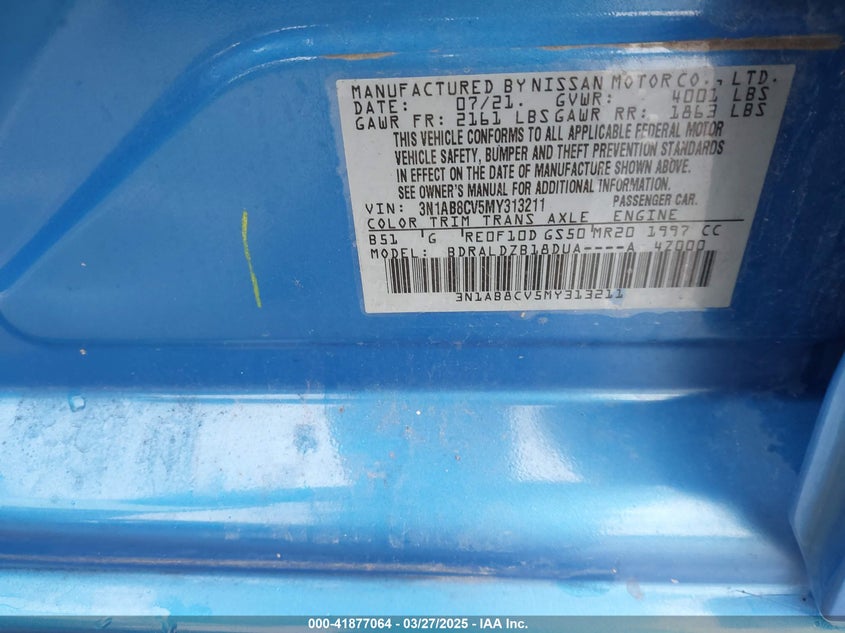 2021 NISSAN SENTRA 2.0L I-4 DI, DOHC, V(VIN: 3N1AB8CV5MY313211