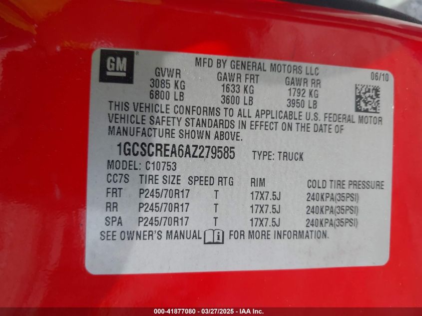 2010 Chevrolet Silverado 1500 VIN: 1GCSCREA6A2279585 Lot: 41877080