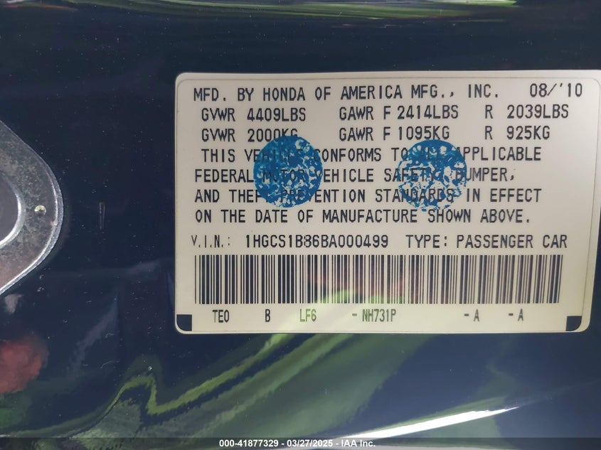 2011 HONDA ACCORD VIN: 1HGCS1B86BA000499
