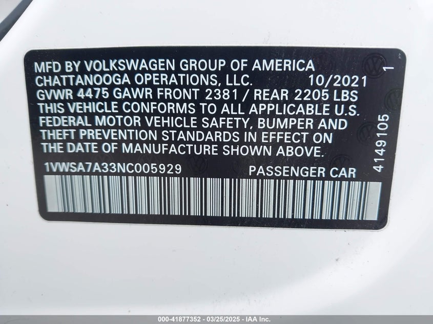 2022 VOLKSWAGEN PASSAT VIN: 1VWSA7A33NC005929