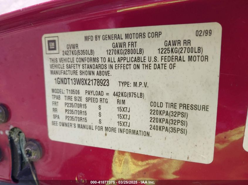 1999 Chevrolet Blazer Lt VIN: 1GNDT13W8X2178923 Lot: 41877375