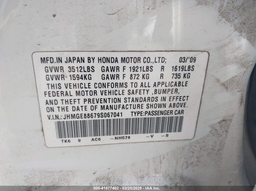 2009 HONDA FIT VIN: JHMGE88679S067041
