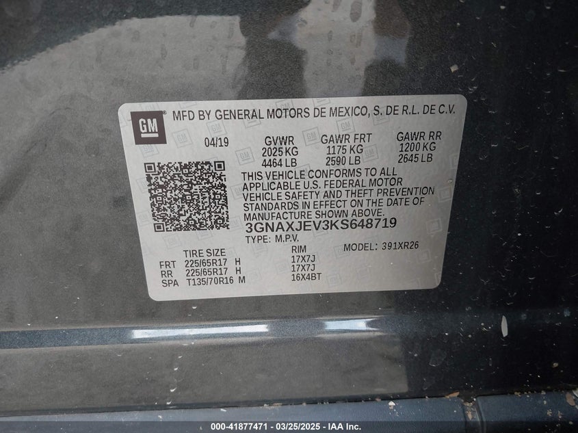 2019 CHEVROLET EQUINOX VIN: 3GNAXJEV3KS648719