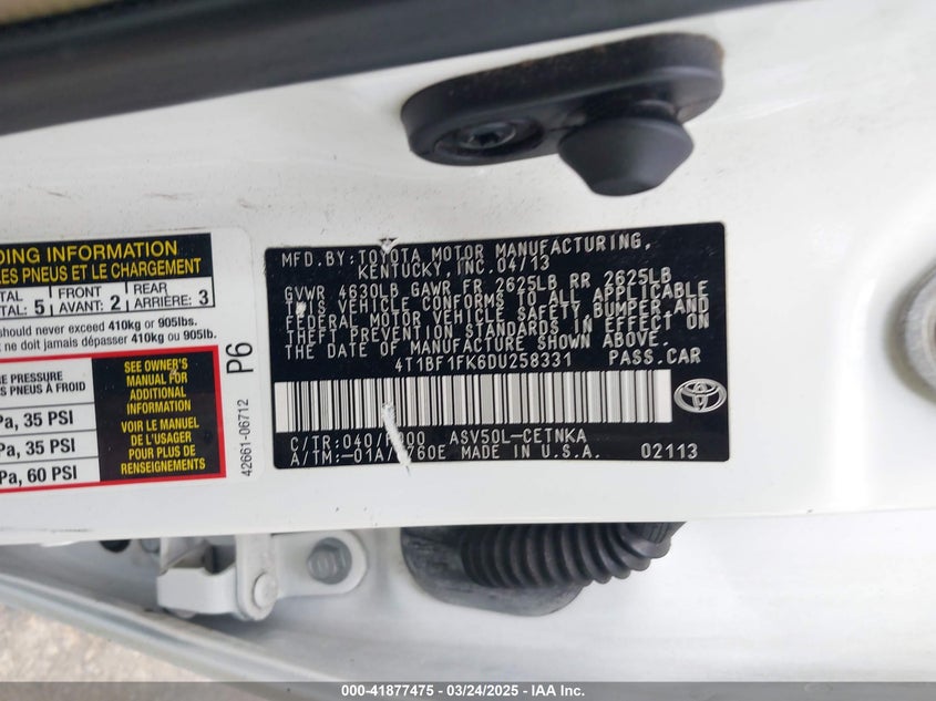 2013 TOYOTA CAMRY VIN: 4T1BF1FK6DU258331