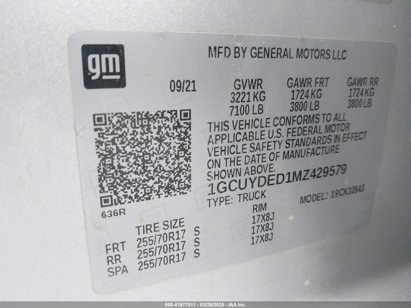 2021 CHEVROLET SILVERADO VIN: 1GCUYDED1MZ429579